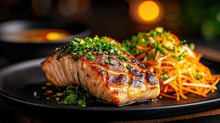 Grilled Salmon Fillet with Fresh Herbs and Colorful Vegetable Salad