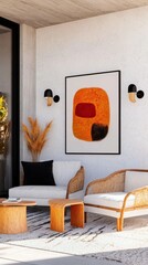 Modern Living Room Design Featuring Abstract Art, Stylish Furniture Arrangement, Inviting Atmosphere, Cozy Interior Setting