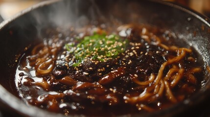 Jajangmyeon, Korean noodles in black bean sauce, selective focus