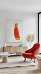 Modern Living Room Design Featuring Abstract Art, Warm Orange Accent Chair, Elegant Plant Decor, Bright Cozy Atmosphere