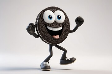 Happy cartoon chocolate sandwich cookie character celebrating.