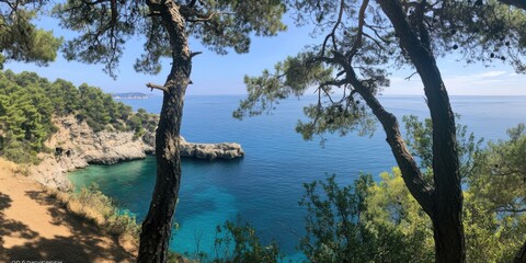 A serene coastal view with lush greenery and clear waters invites tranquility and beauty