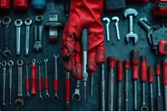 Red gloved hand holding a tool against a background of organized tools in a workshop setting