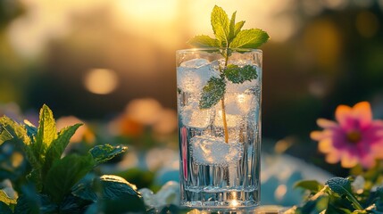 Refreshing mint drink, sunset garden, ice cubes, summer
