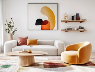 Modern Living Room Design Featuring Abstract Art Piece, Cozy Sofa Arrangement, Stylish Accessories, Minimalist Setting