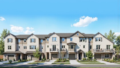 Modern suburban townhouses with blue sky and greenery