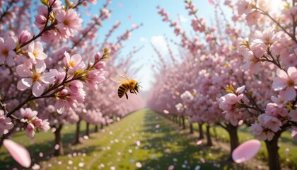 Fototapeta premium A picturesque orchard filled with blossoming fruit trees, where a bee is captured in mid-flight, moving between pink cherry blossoms and white apple flowers