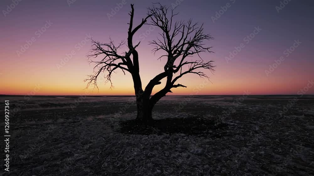 Aufkleber Colorful sunset illuminating a lone, barren tree in a desolate landscape, captured in a slow motion sequence showcasing subtle changes in light and shadow