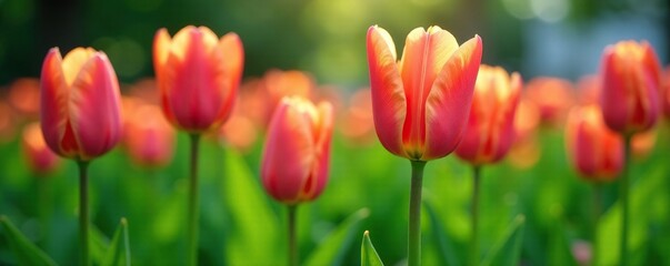 Fototapeta premium Delicate tulip leaves unfurl green and tender, plants, nature