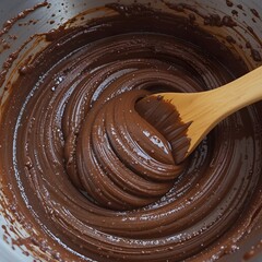A wooden spoon stirring a thick chocolate cake batter in a large bowl. Generative AI