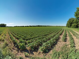 Lush vines thrive in a vineyard on a bright, sunny day