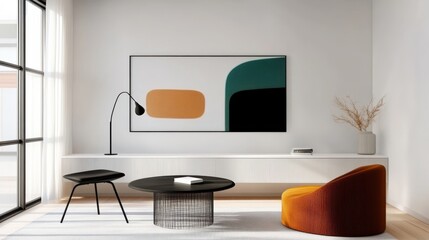 Modern Living Room Design Featuring Abstract Artwork, Stylish Furniture And Natural Light In A Cozy Setting