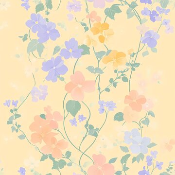 A light and playful floral pattern in pastel shades of peach, mint, lavender, and pale yellow, featuring small wildflowers, tiny roses, and gentle vines with soft, flowing shapes and a sense of moveme