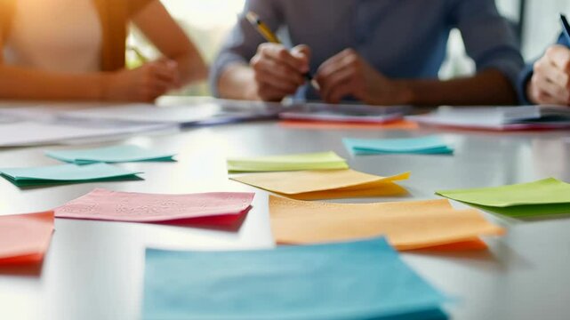 Table with colorful sticky notes on it. The notes are in different colors and sizes. The table is surrounded by people who are writing on the notes. Scene is creative and collaborative