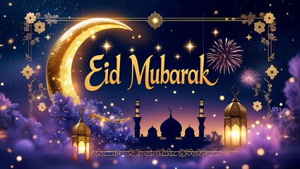 Eid Mubarak Greeting Card with Golden Crescent Moon, Mosque Silhouette, and Festive Lanterns