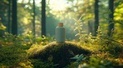 Organic Skincare Product Display in Lush Forest Setting  
