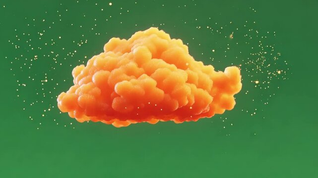 A cheerful orange cloud with tiny sparkling droplets set against a deep green backdrop.