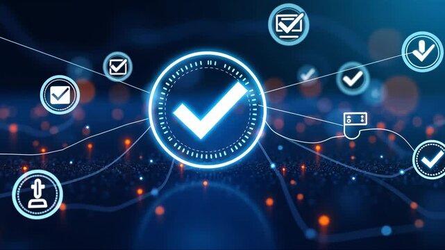 Check mark is surrounded by a variety of icons, including a clock, a person, and a book. Concept of progress and accomplishment - Powered by Adobe