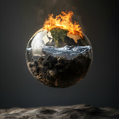 Global crisis depicted with fire and water highlighting environmental destruction and the struggle for balance. Generative AI
