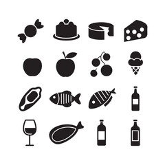 This image showcases a set of black silhouette icons representing various food and drink items. It includes desserts, fruits, dairy products, meat, fish, and 