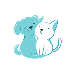Naklejka premium cute, stylized kitten and puppy hugging each other in a friendly manner. 