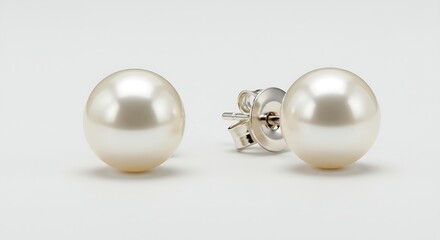 A classic pair of round pearl stud earrings, radiating sophistication against a white background.