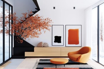 Modern Living Room Design Featuring Artistic Decor Elements, Inviting Orange Accents, Natural Light, Contemporary Minimalism