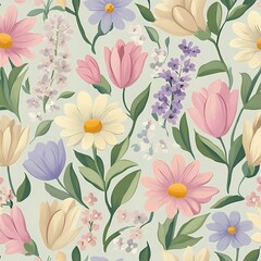 Pastel-toned pattern of delicate daisies, forget-me-nots, and soft peony petals in pale yellow, light pink, and lavender, with gentle stems and soft green leaves for a vintage-inspired look.


