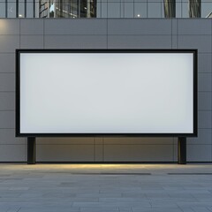 A blank billboard stands against a modern building, illuminated softly, providing space for advertisements or messages.