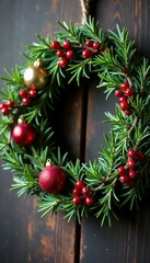 Dried rosemary branch decorated with ornaments and berries, rustic wreath, festive decorations, rosemary branches