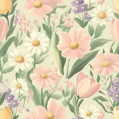 Pastel-toned pattern of delicate daisies, forget-me-nots, and soft peony petals in pale yellow, light pink, and lavender, with gentle stems and soft green leaves for a vintage-inspired look.


