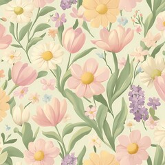 Pastel-toned pattern of delicate daisies, forget-me-nots, and soft peony petals in pale yellow, light pink, and lavender, with gentle stems and soft green leaves for a vintage-inspired look.

