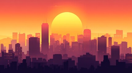 Naklejka premium Cityscape Silhouette At Sunset With Large Sun