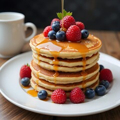 A stack of golden pancakes, topped with fresh berries and a drizzle of maple syrup Generative AI