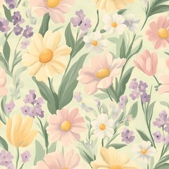 Pastel-toned pattern of delicate daisies, forget-me-nots, and soft peony petals in pale yellow, light pink, and lavender, with gentle stems and soft green leaves for a vintage-inspired look.

