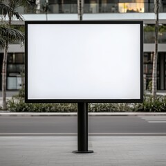 Fototapeta premium A blank billboard stands prominently in an urban setting, surrounded by greenery and modern architecture.