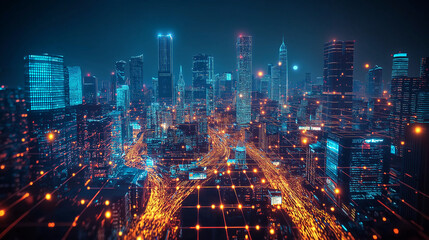 Obraz premium Futuristic Cityscape with Glowing Blue Buildings and Orange Digital Light Trails