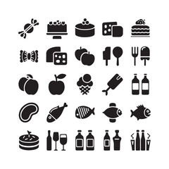 
This image showcases a set of black silhouette icons representing various food and drink items. It includes desserts, fruits, dairy products, meat, fish, and beverages like wine, soft drinks, and bot