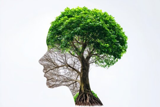 Think Green- human brain with green trees. World environment day and nature conservation day background. Green mental health concept isolated on white background. Generative AI.