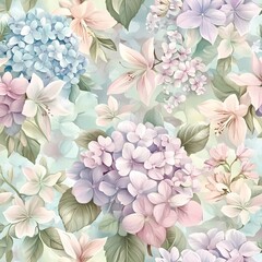 Pastel floral pattern featuring hydrangeas, lilies, and soft pink blossoms in pale blush, lavender, baby blue, and mint green for a light, vintage feel perfect for spring or summer.

