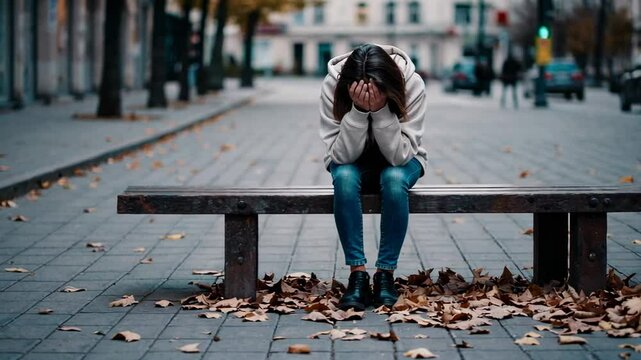 Lonely female sitting motionless on urban bench during autumn, hands covering face, experiencing deep emotional distress and mental anguish in soft, introspective slow motion