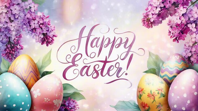 Colorful easter eggs and lilac flowers frame a Happy Easter greeting on a soft focus background