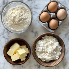 Baking basics come together in a cozy kitchen setting with fresh eggs, flour, and butter ready for delicious creations. Generative AI