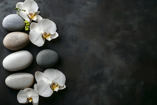 Tranquil arrangement of smooth stones and delicate white orchids on a dark surface creating a serene ambiance for relaxation. Generative AI