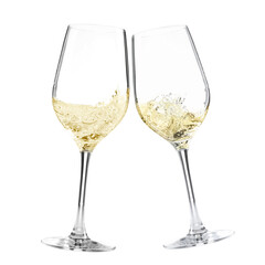 Glasses of splashing wine isolated on white
