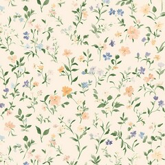 Serene floral pattern with intricate wildflowers in pastel peach, lilac, pale blue, and pale green, scattered on a light neutral background for a peaceful, vintage-inspired atmosphere.

