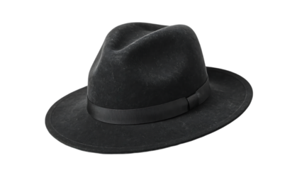 A black felt fedora hat on transparent background