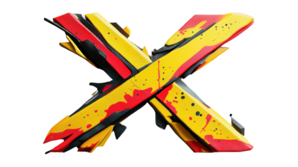 Big x shaped symbol with red, yellow and black paint splattering on transparent background