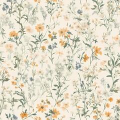 Serene floral pattern with intricate wildflowers in pastel peach, lilac, pale blue, and pale green, scattered on a light neutral background for a peaceful, vintage-inspired atmosphere.

