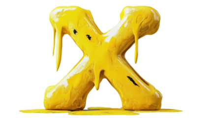 Yellow melting letter x with dripping paint on transparent background